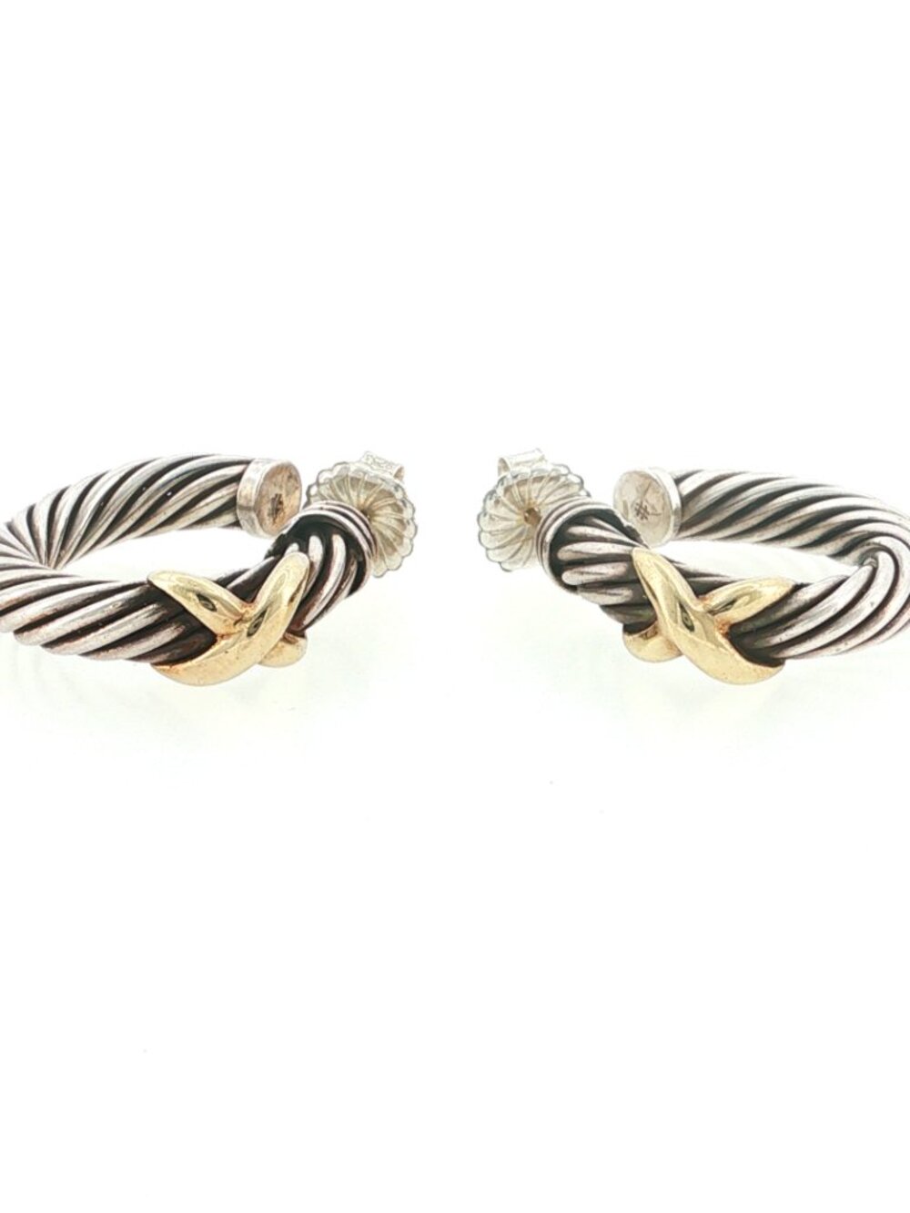 David Yurman 925 Silver and 14K Gold X Cable Hoop Earrrings - Picture 3 of 5